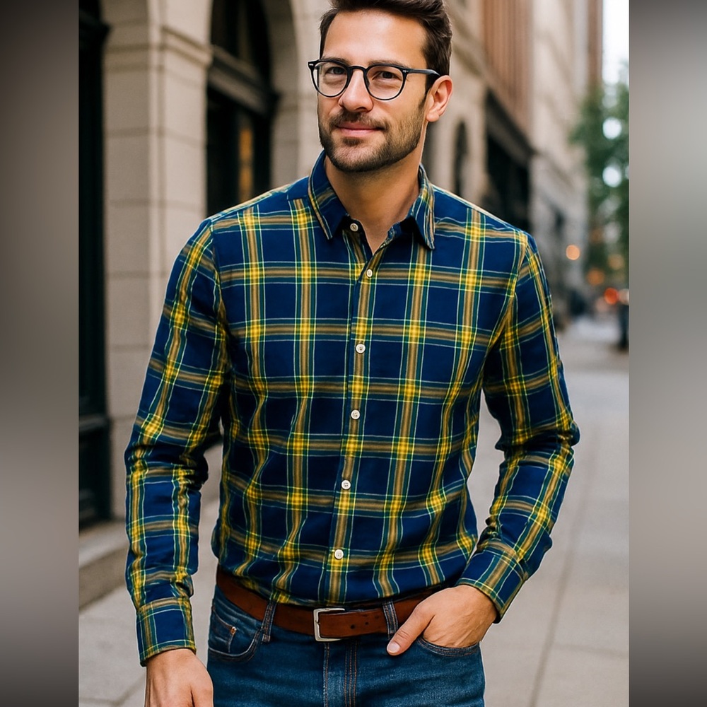 Banana Republic Men's Blue and Yellow Plaid Shirt XL slim fit